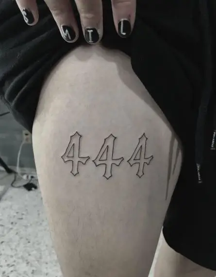Black Lined Number 444 Thigh Tattoo