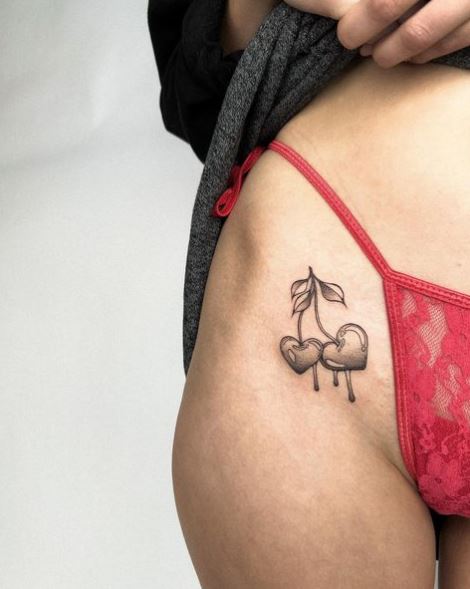 Heart Shaped Cherries Groin Tattoo