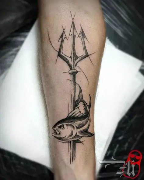 Black and Grey Fish and Trident Arm Tattoo