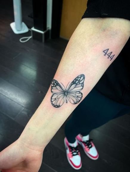 Butterfly and Number 444 Forearm Tattoo