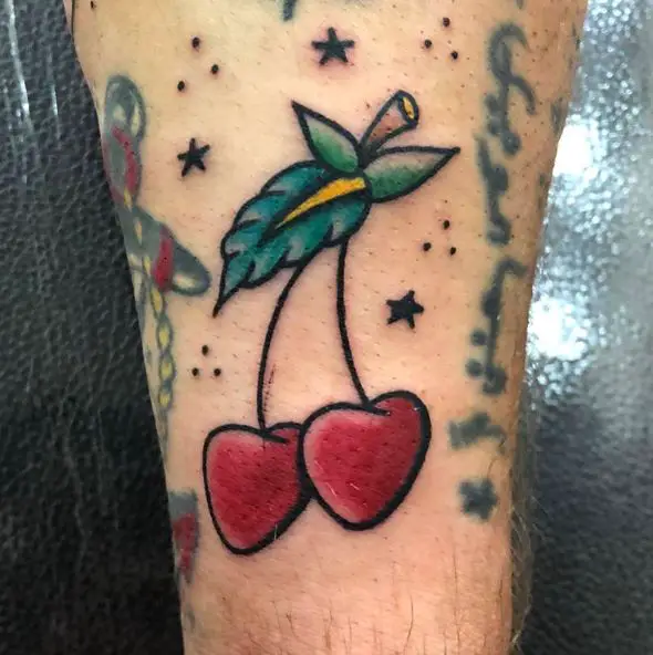 Heart Shaped Red Cherries Tattoo
