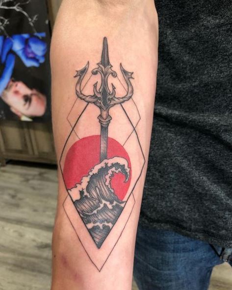 Big Ocean Wave and Trident Arm Tattoo