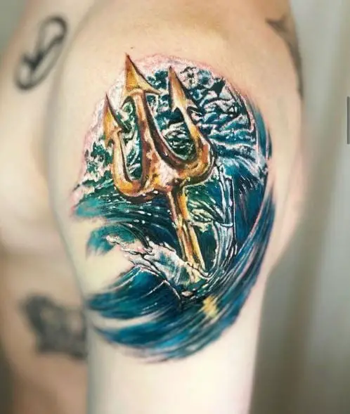 Blue Ocean Wave and Gold Trident Shoulder Tattoo