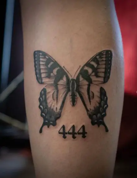 Grey Butterfly and 444 Calf Muscle Tattoo