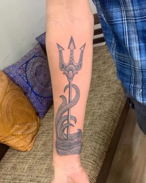 Grey Waves and Trident Forearm Tattoo