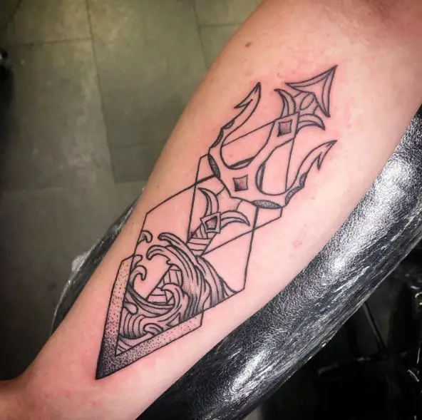 Geometric Wave and Trident Forearm Tattoo