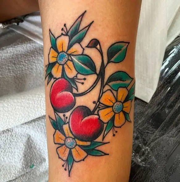 Yellow Flowers and Heart Cherries Tattoo