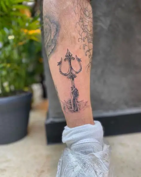 Poseidon's Hand with Trident Leg Tattoo
