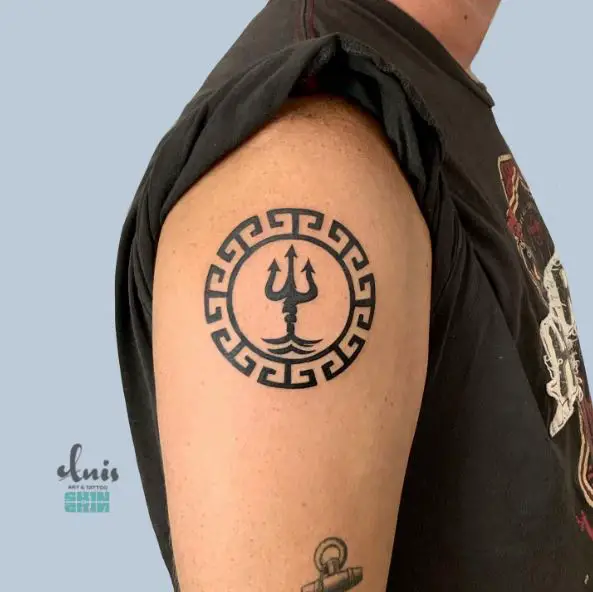 Trident with Greek Ornament Shoulder Tattoo