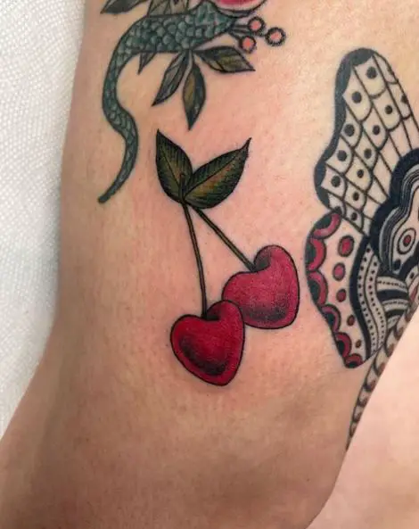 Red Cherries with Green Leaves Tattoo