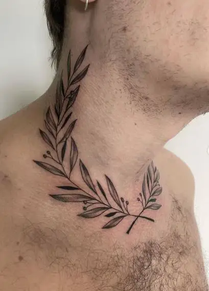 Grey Laurel Wreath Neck Tattoo