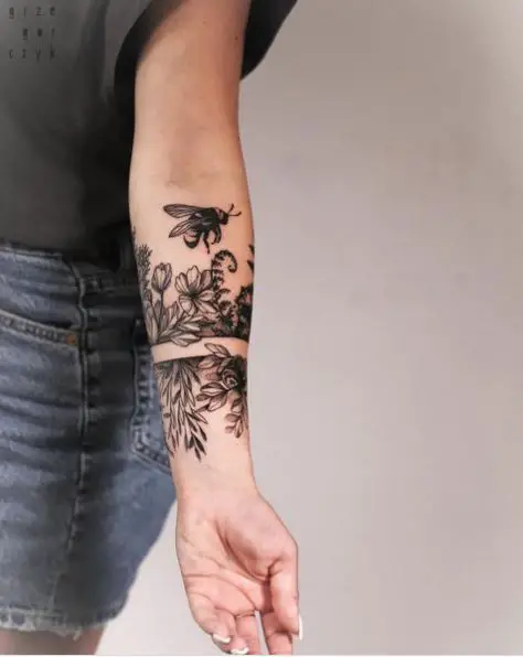 Flowers and Bee Armband Tattoo