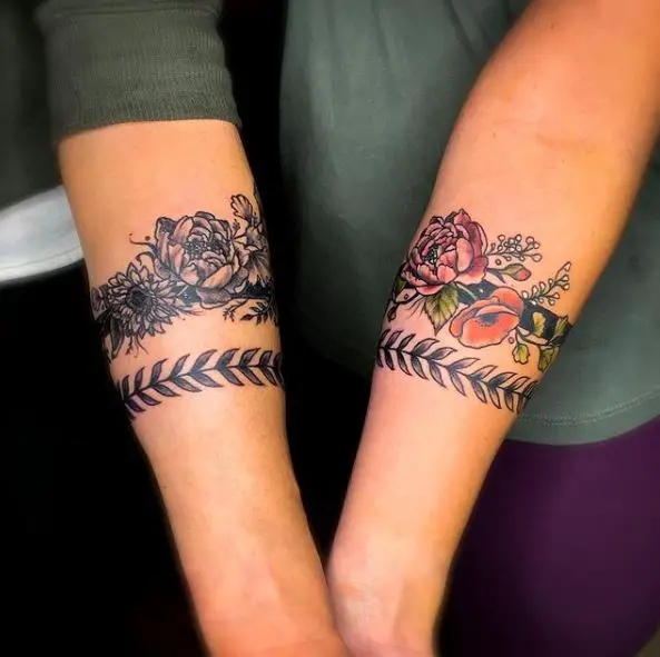 Matching Armband Tattoos with Flowers