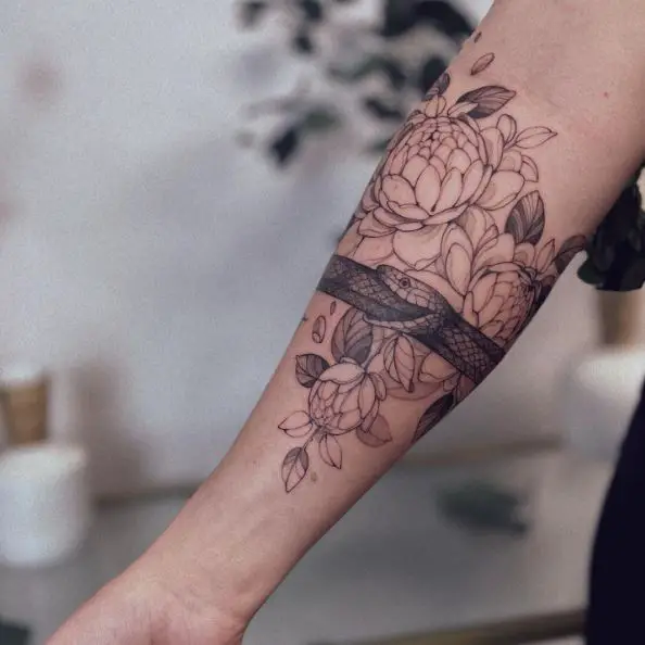 Snake and Flowers Armband Tattoo
