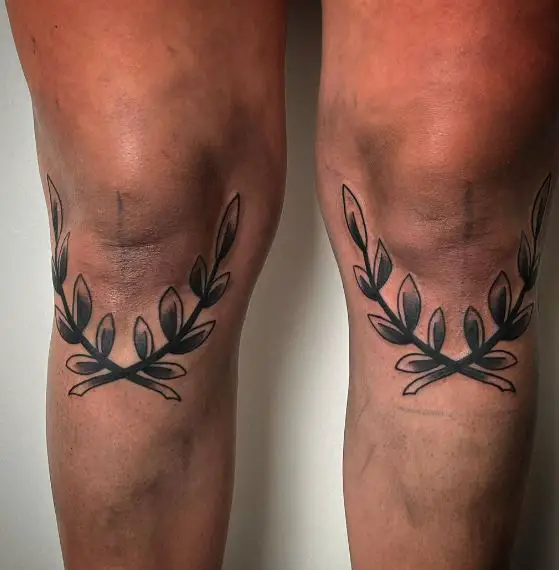 Black and Grey Laurel Wreath both Knees Tattoos