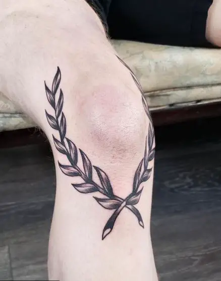 Grey Laurel Wreath Knee Tattoo