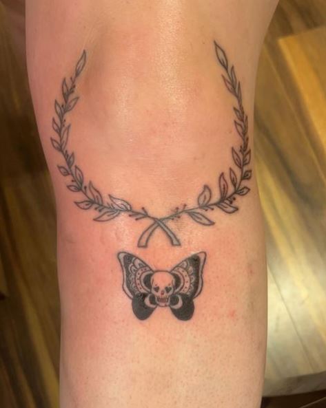 Skull Butterfly and Laurel Wreath Knee Tattoo