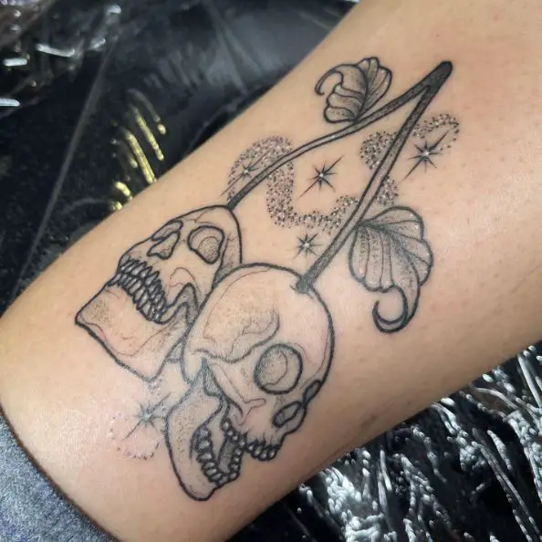 Grey Skull Cherries Leg Tattoo