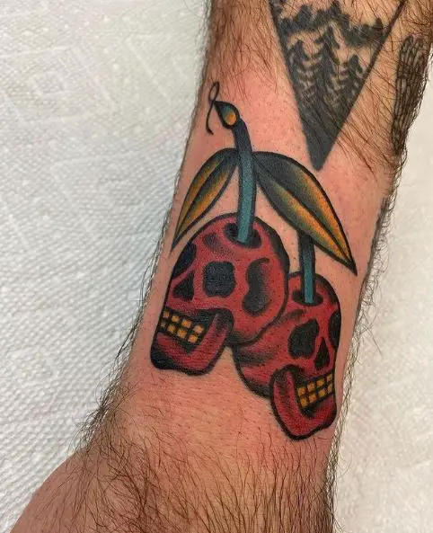 Colored Skull Cherries Wrist Tattoo