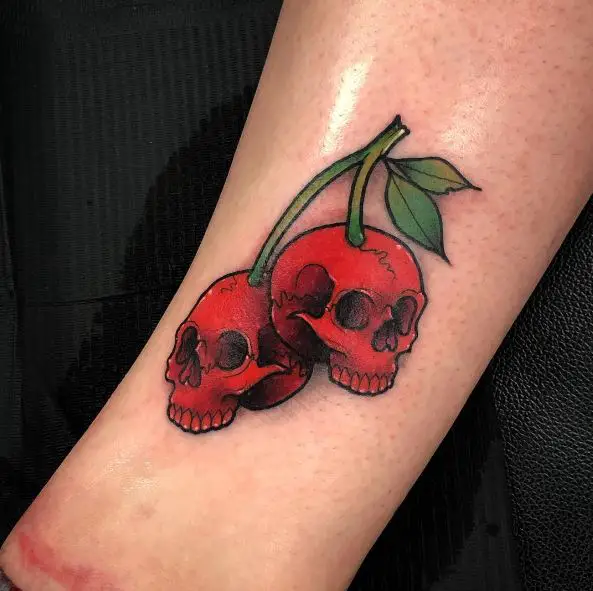Red Skull Cherries with Leaves Tattoo