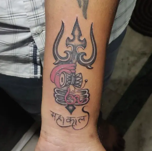 Black and Red Trishul Forearm Tattoo