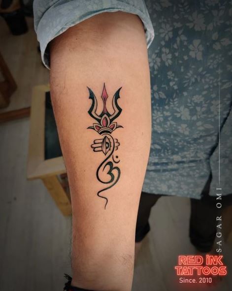 Black and Red Trishul Forearm Tattoo