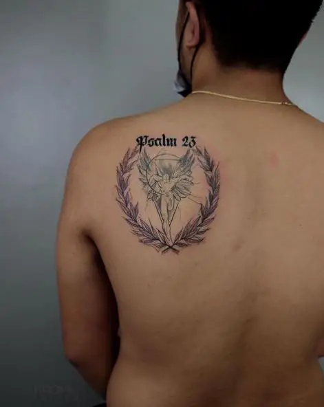 Psalm 23 and Laurel Wreath Shoulder Tattoo
