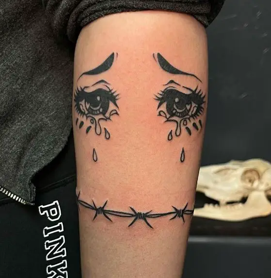 Crying Face and Barbed Wire Armband Tattoo