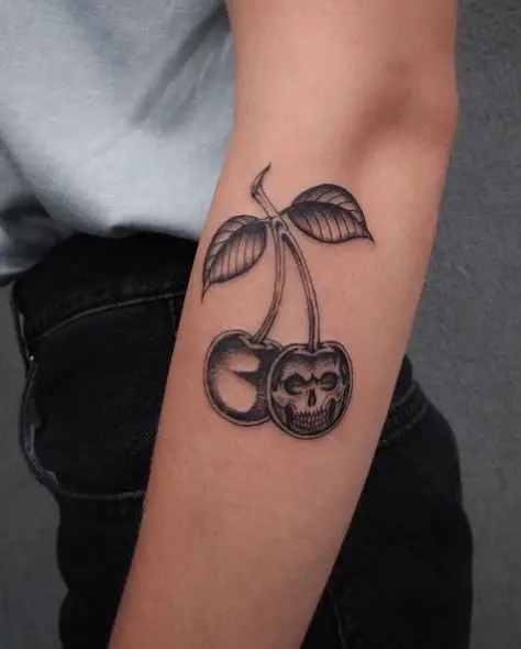 Skull Cherries with Leaves Arm Tattoo