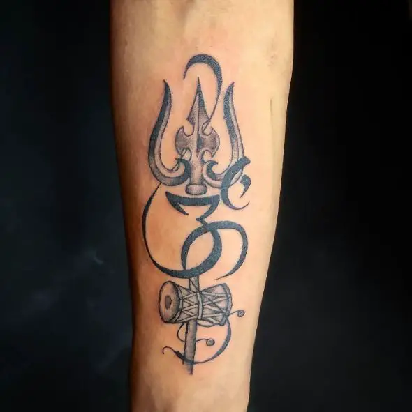Black and Grey Trishul Forearm Tattoo
