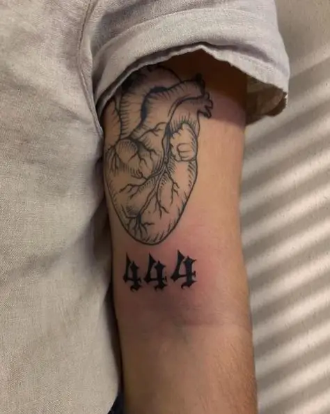 Human Heart and 444 Biceps Tattoo
