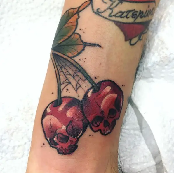 Skull Cherry Tattoo with Spider Web