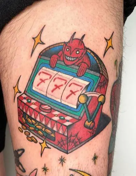 Red Devil and Slot Machine 777 Leg Tattoo
