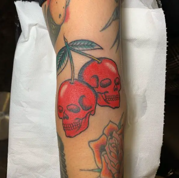 Red Skull Cherries Arm Tattoo
