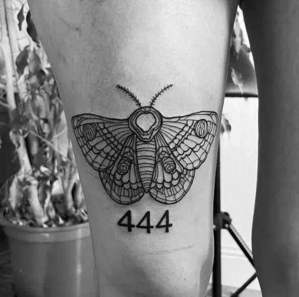 Black Moth and 444 Thigh Tattoo