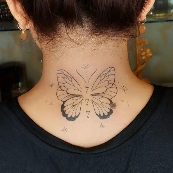 Butterfly and Angel 777 Neck Tattoo