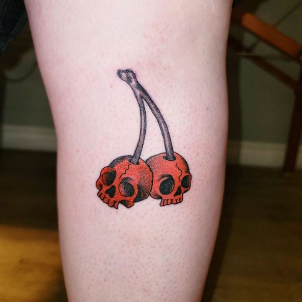 Small Red Skull Cherries Tattoo