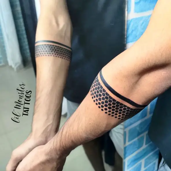 Matching Solid and Geometrical Armband Tattoos