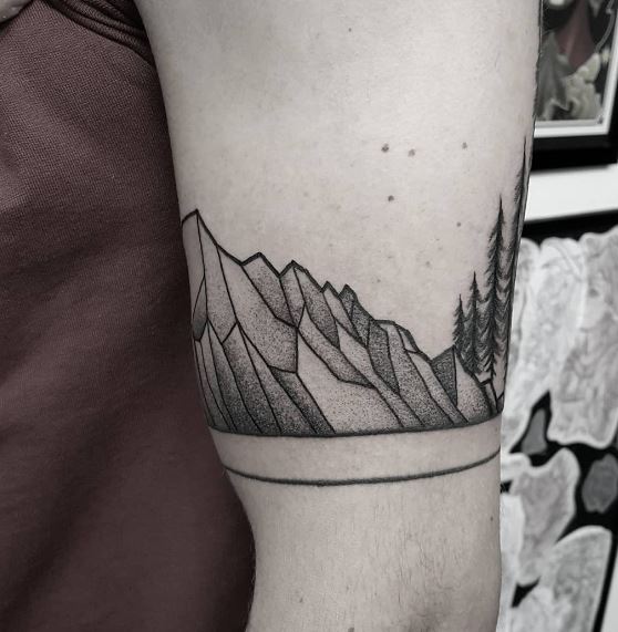 Abstract Mountains and Trees with Two Horizontal Lines Tattoo