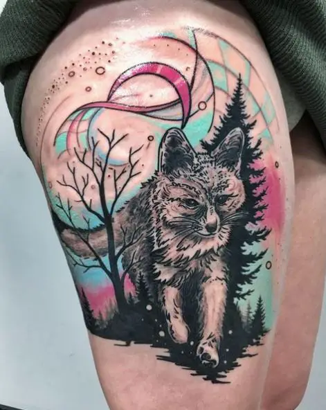 Abstracted Grey Fox Tattoo on Thigh