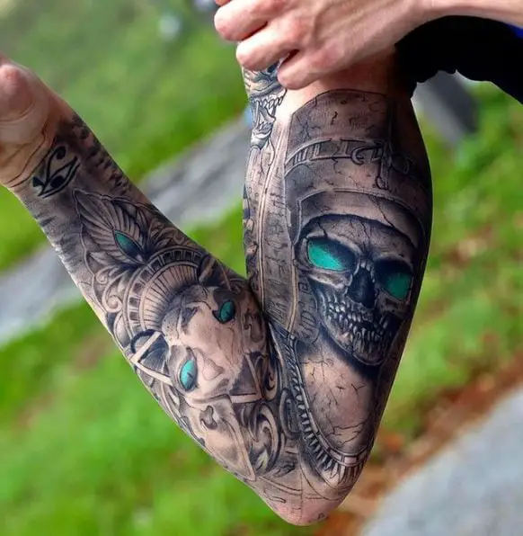 Anubis And Skull Sleeve Tattoo