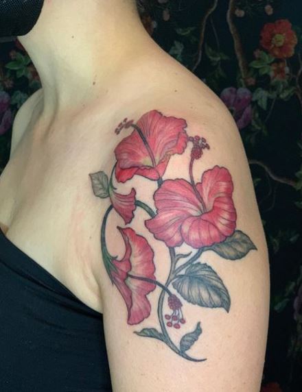 Art Nouveau Hibiscus Flowers Forearm Tattoo
