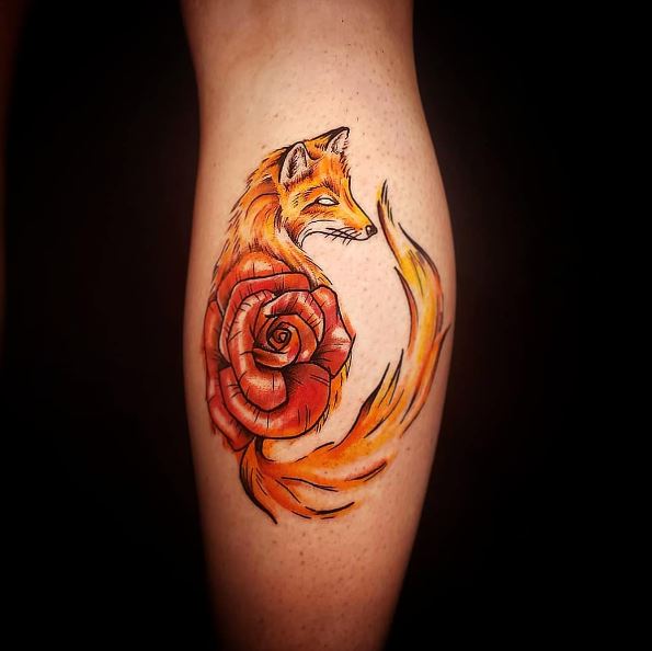 Baby Fox Combined with a Flower Tattoo on Calf