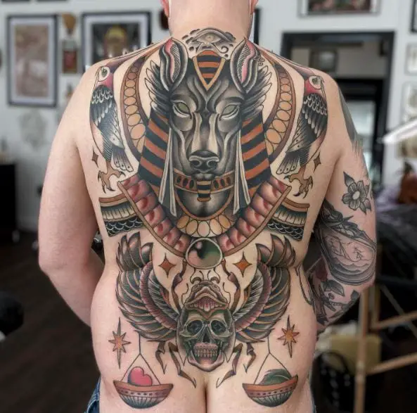 Back Coverup Tattoo with Egyptian God Anubis