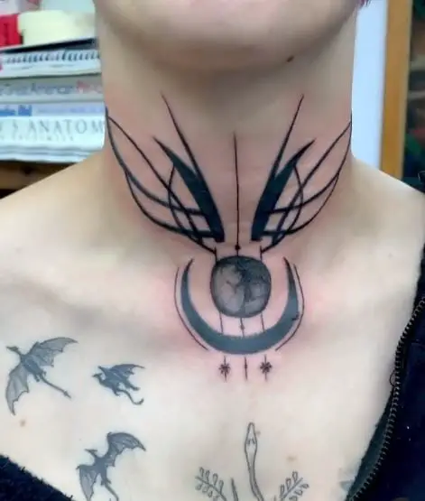Black Crescent Moon Neck Tattoo