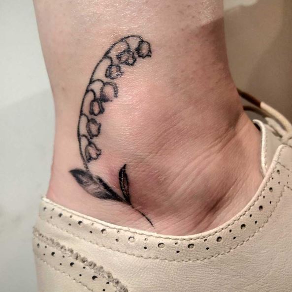Black Ink Lily of the Valley Ankle Tattoo