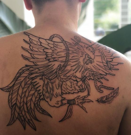 Black Line Fighting Rooster Backpiece Tattoo