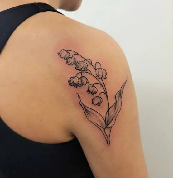 Black Line Lily of the Valley Tattoo on Shoulder