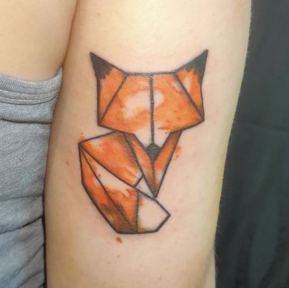 Black Line Watercolored Geometric Fox Tattoo
