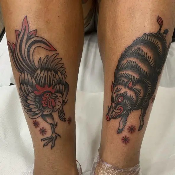 Black Rooster and Pig Fighting Tattoo